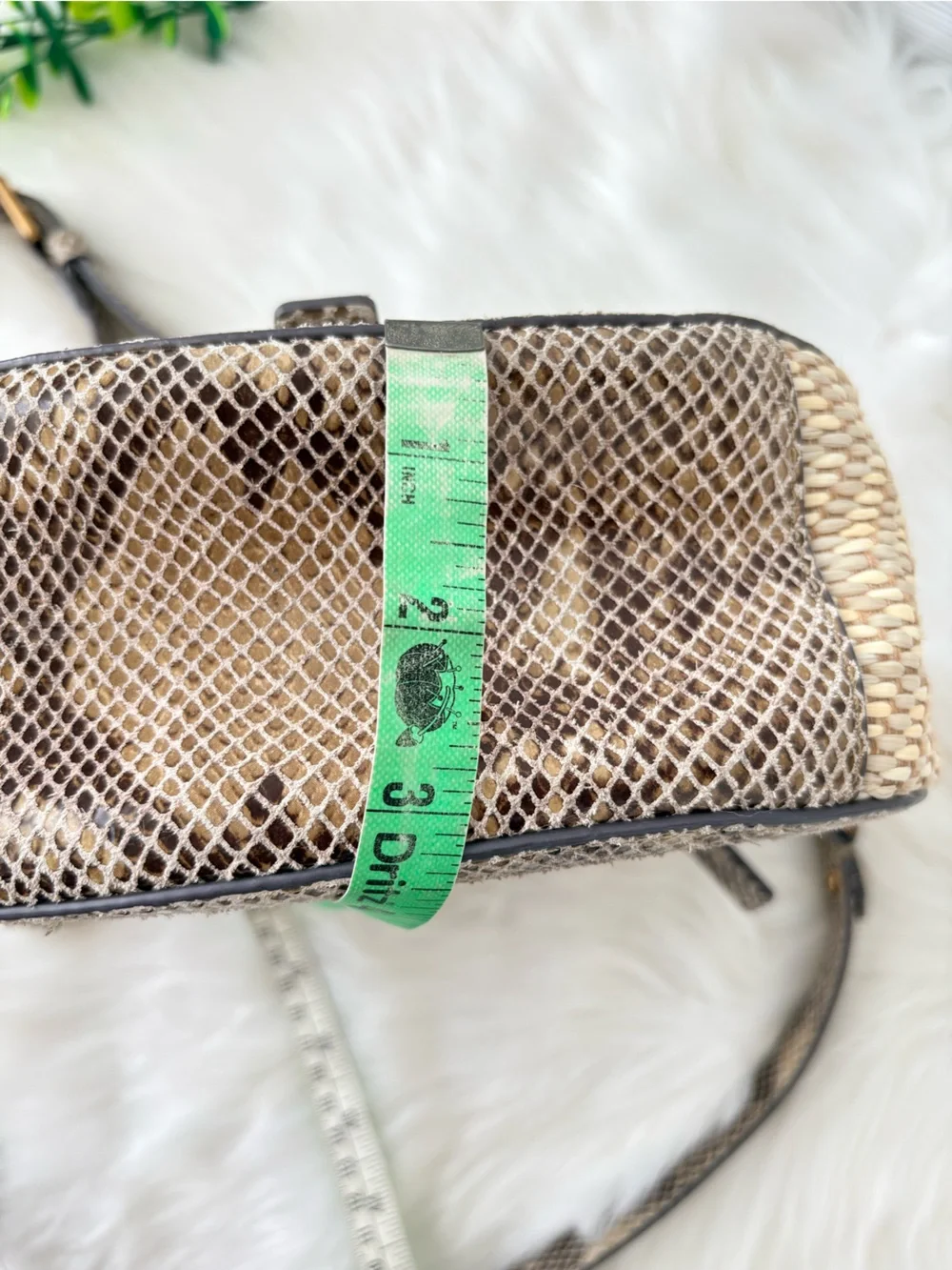 Tory Burch 797 Medium‎ Natural Raffia Snakeskin Print Flap Satchel Shoulder Bag.